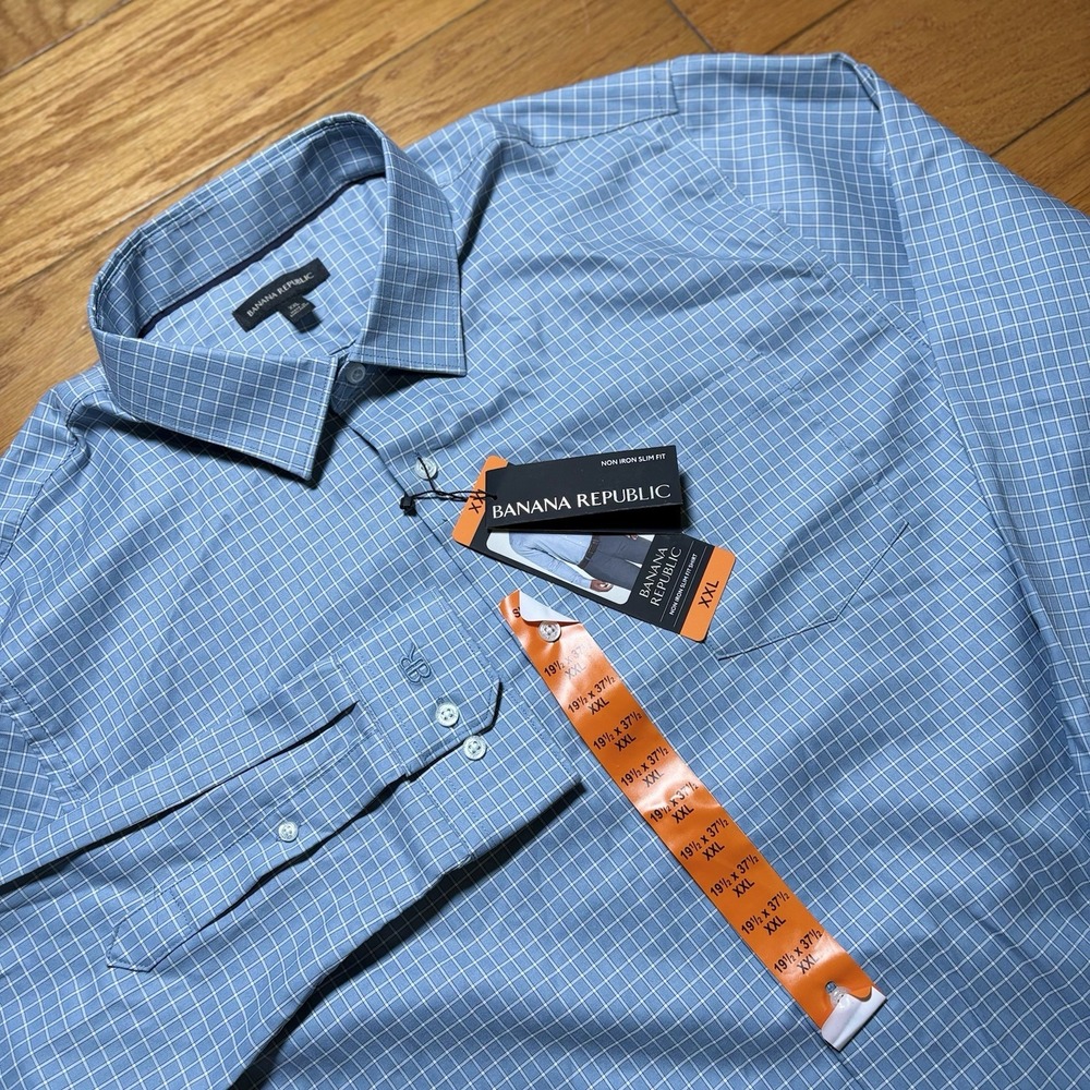 NWT Banana Republic Shirt Mens 2XL Blue Check Non Iron Slim Fit Cotton Check